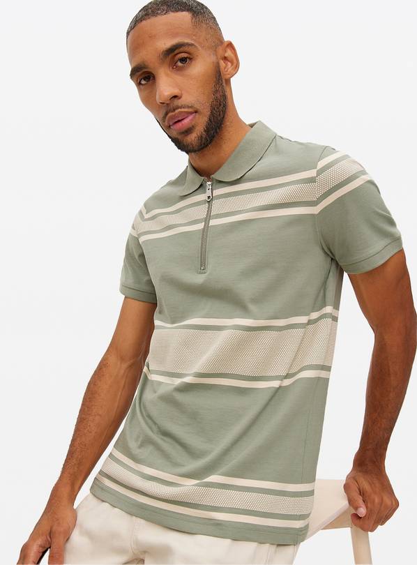 Light Khaki Striped Zip Polo Shirt L